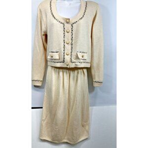Vintage St. John Suit Skirt Cream White Knit Embellished Jacket Size 6